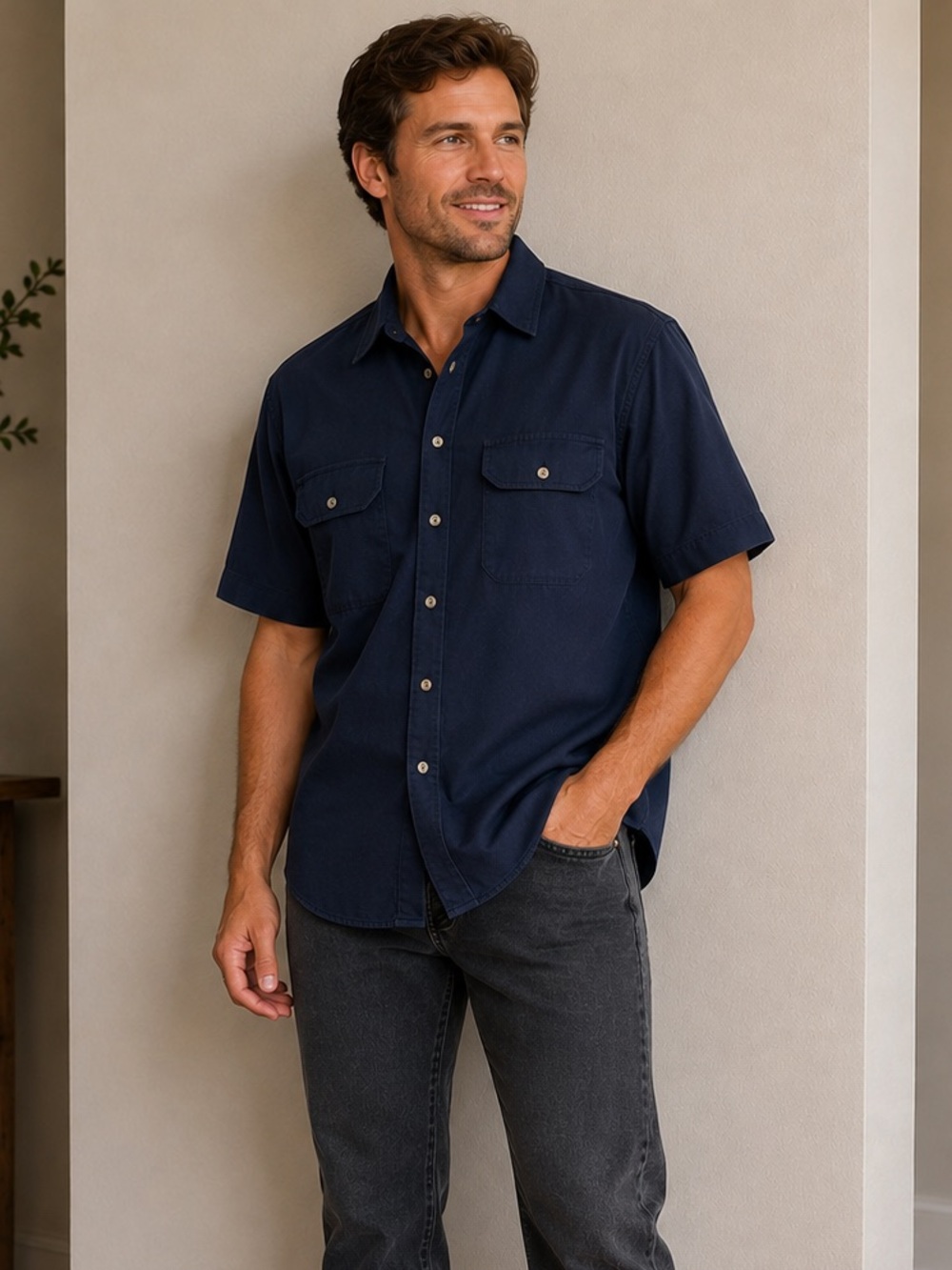 VTG Men’s SPORTIF USA Dark Blue Casual Button Down Short Sleeve Shirt NWT Medium
